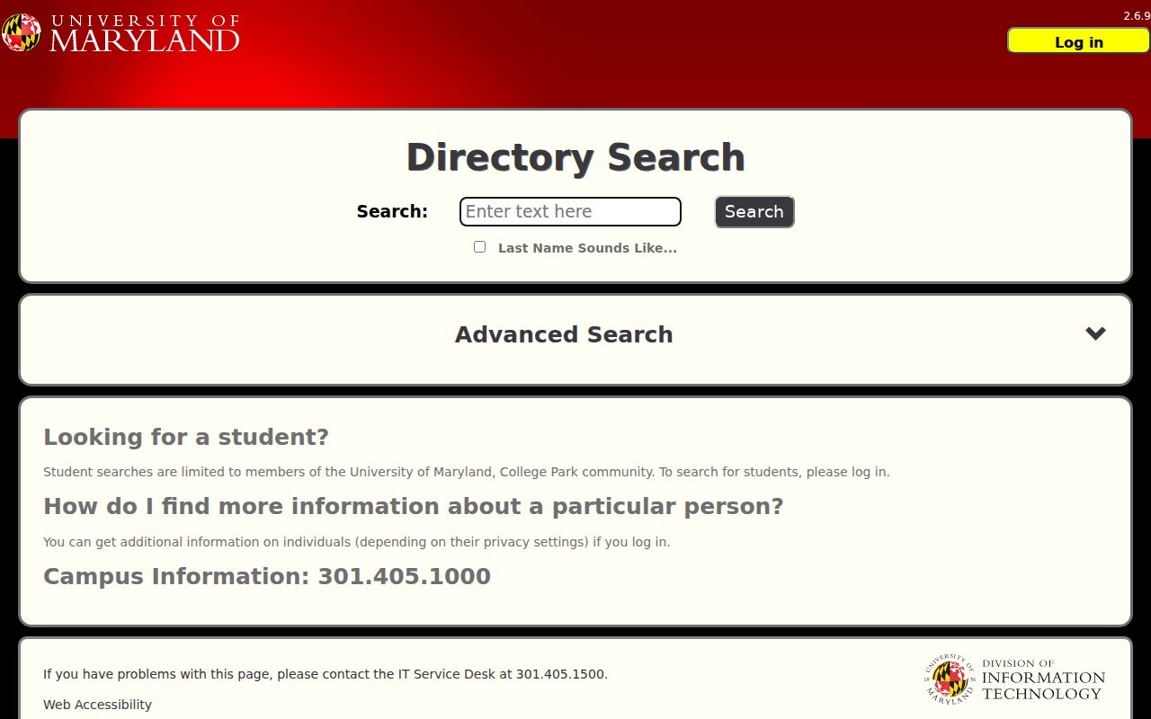 Prince George's County people directories screenshot of the UMD directory search