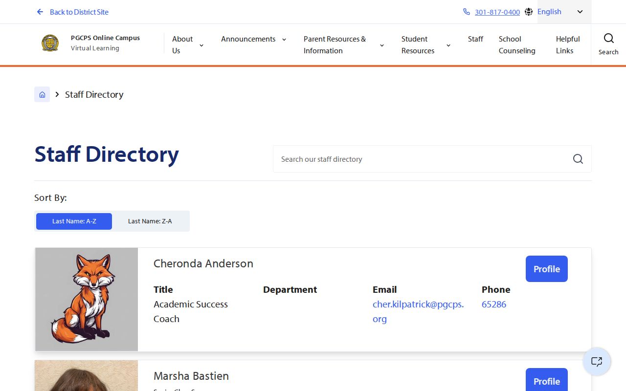 Prince George's County people directories screenshot of the PGCPS staff directory