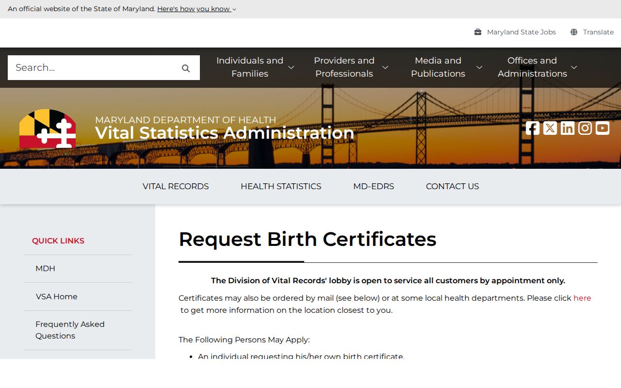 Prince George's County public records birth certificate access page
